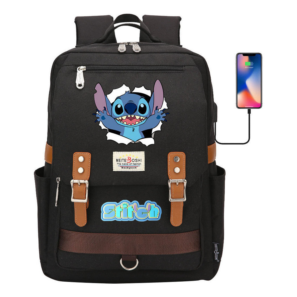 Anime Star Baby Stitch Printed Youth Student School Bag Casual Magnetic Buckle Backpack