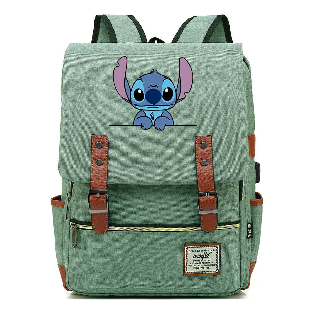 Anime Star Baby Stitch Printed Youth Student Backpack Usb Casual Backpack