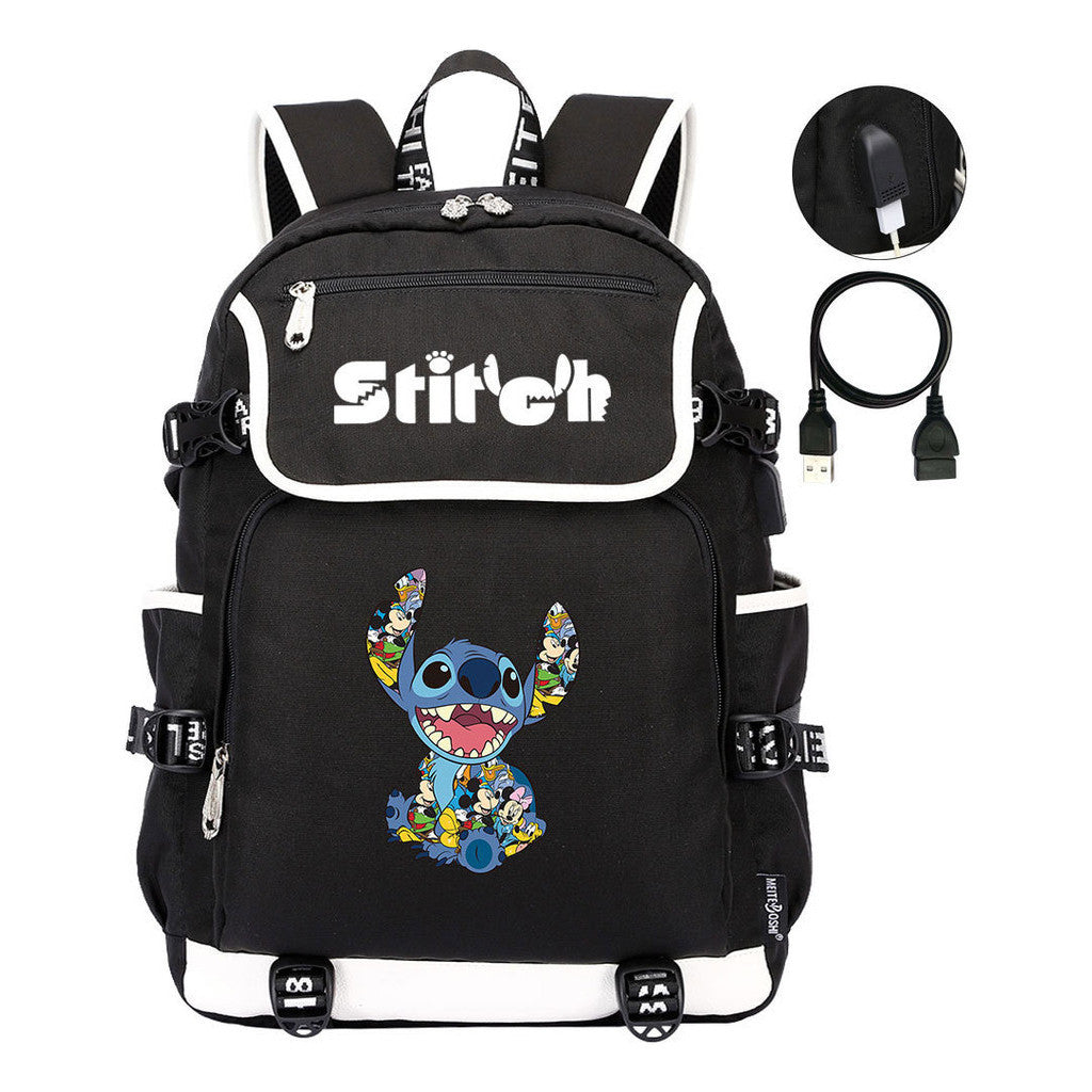 Anime Star Baby Stitch Printed Usb Youth Student Backpack For Leisure Travel Backpack