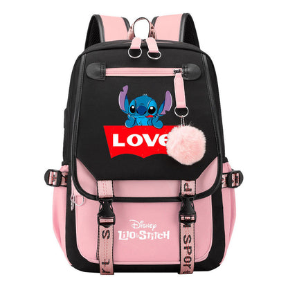 Interstellar Baby Stitch Usb Backpack For Boys And Girls Casual Woven Strap Flip Backpack