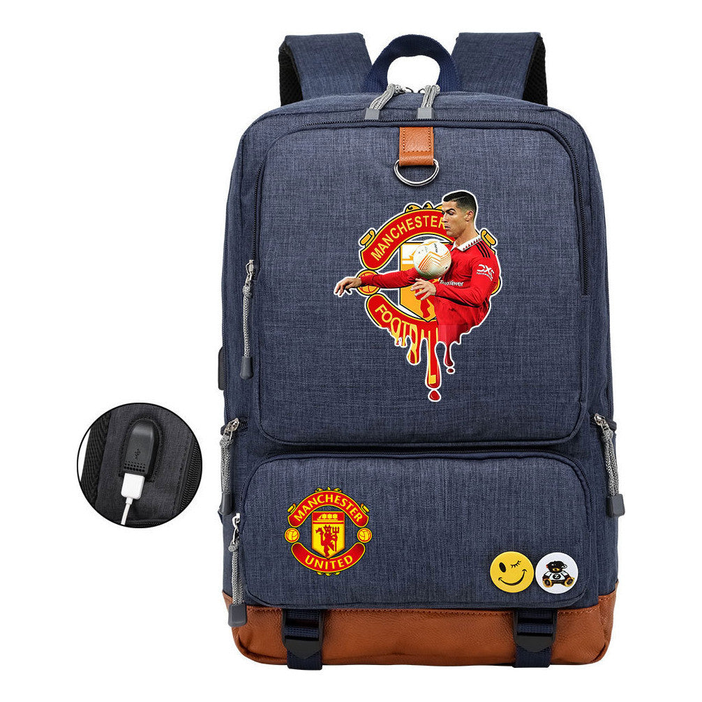 Football Star Cristiano Ronaldo Printed Usb Youth Student Backpack For Leisure Travel Backpack