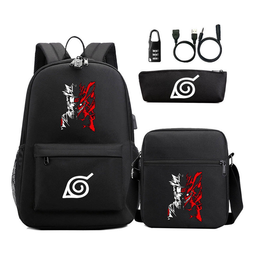 Fashionable Naruto Usb Password Lock Youth Student School Bag Three Piece Backpack Set