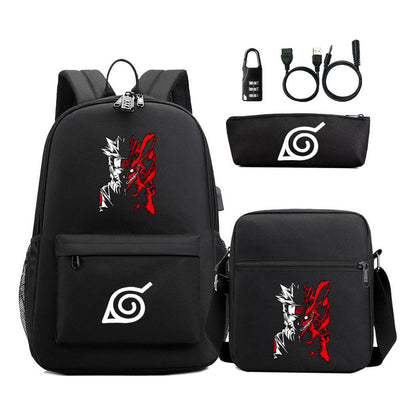 Fashionable Naruto Usb Password Lock Youth Student School Bag Three Piece Backpack Set