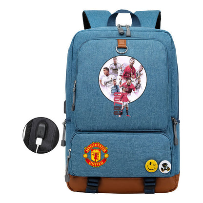 Football Star Cristiano Ronaldo Printed Usb Student Backpack For Leisure Travel Backpack