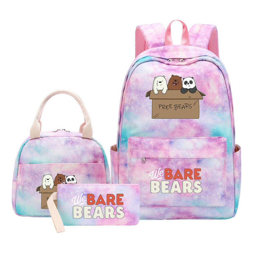 Cartoon Cute Three Bears Youth Student Girls School Bag Lunch Bag Three Piece Set Backpack Set
