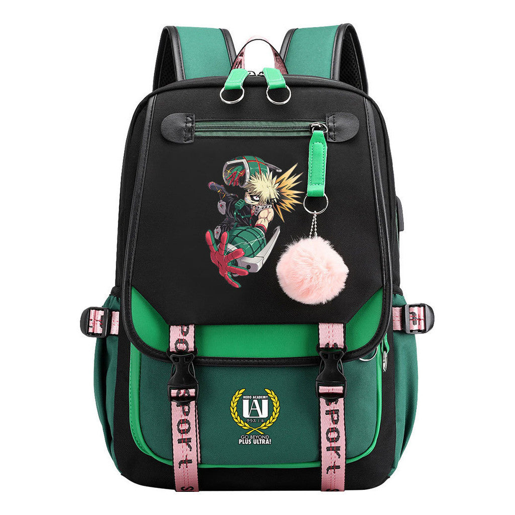 Comics My Heroes Academy Usb Student Backpack Casual Ribbon Flip Backpack