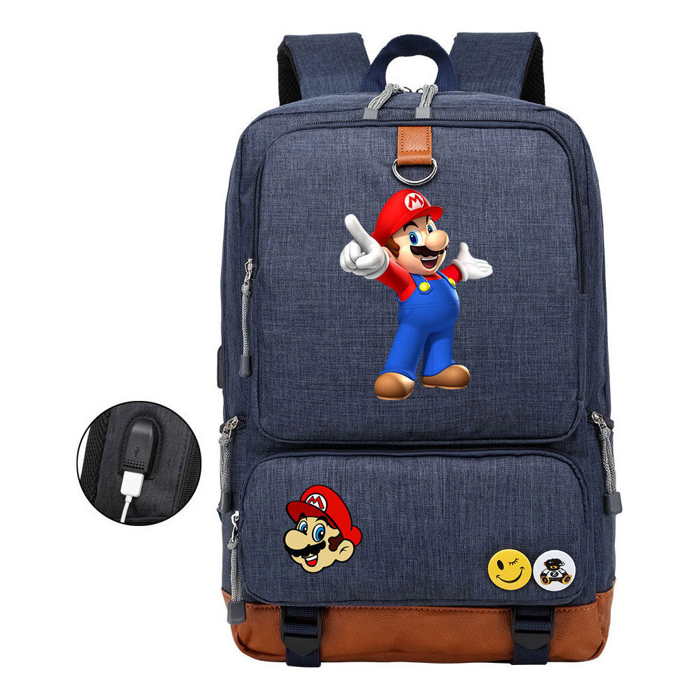 Super Mario Printed Usb Youth Student Backpack For Leisure Travel Backpack