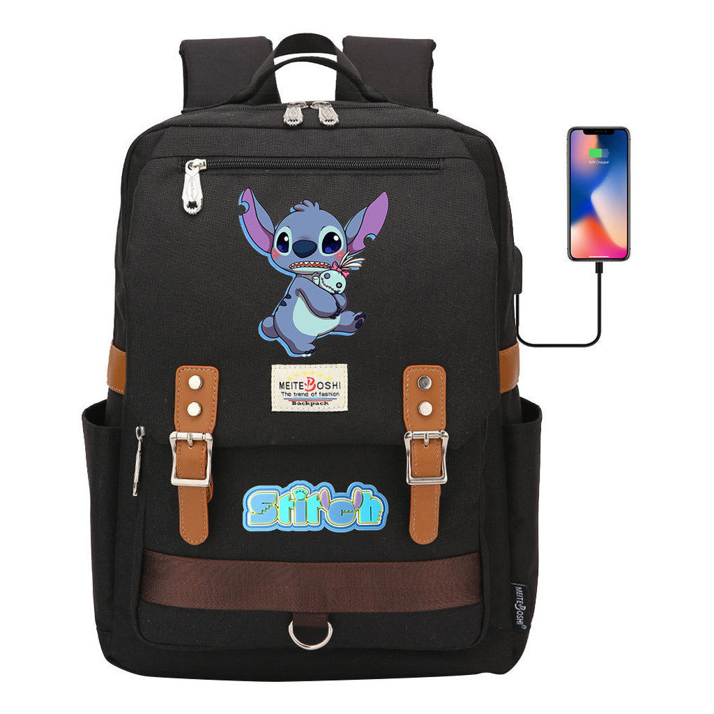 Anime Star Baby Stitch Printed Youth Student School Bag Casual Magnetic Buckle Backpack