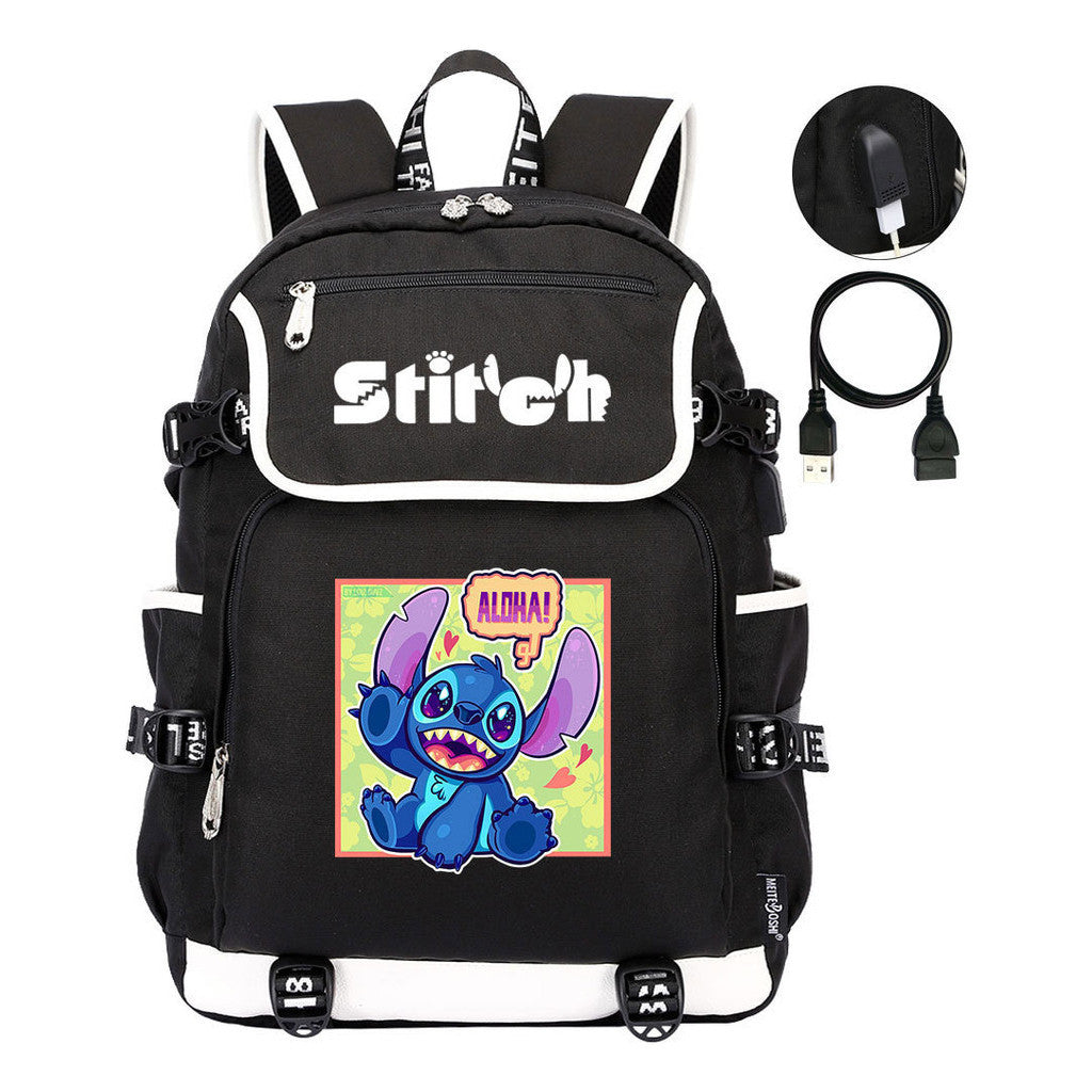 Anime Star Baby Stitch Printed Usb Youth Student Backpack For Leisure Travel Backpack