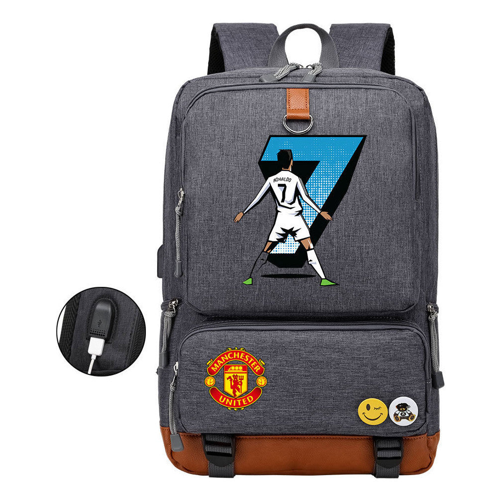 Football Star Cristiano Ronaldo Printed Usb Youth Student Backpack For Leisure Travel Backpack
