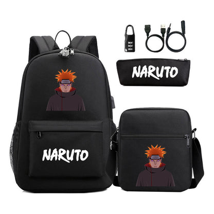 Naruto Usb Password Lock Youth Student Backpack Three Piece Set For Men And Women Backpack Set