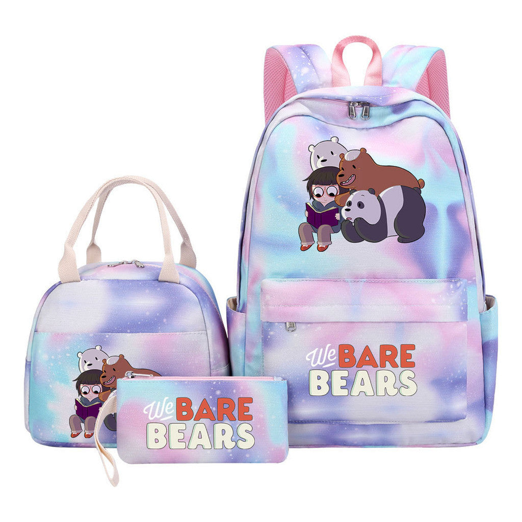 Cartoon Cute Three Bears Youth Student Girls School Bag Lunch Bag Three Piece Set Backpack Set