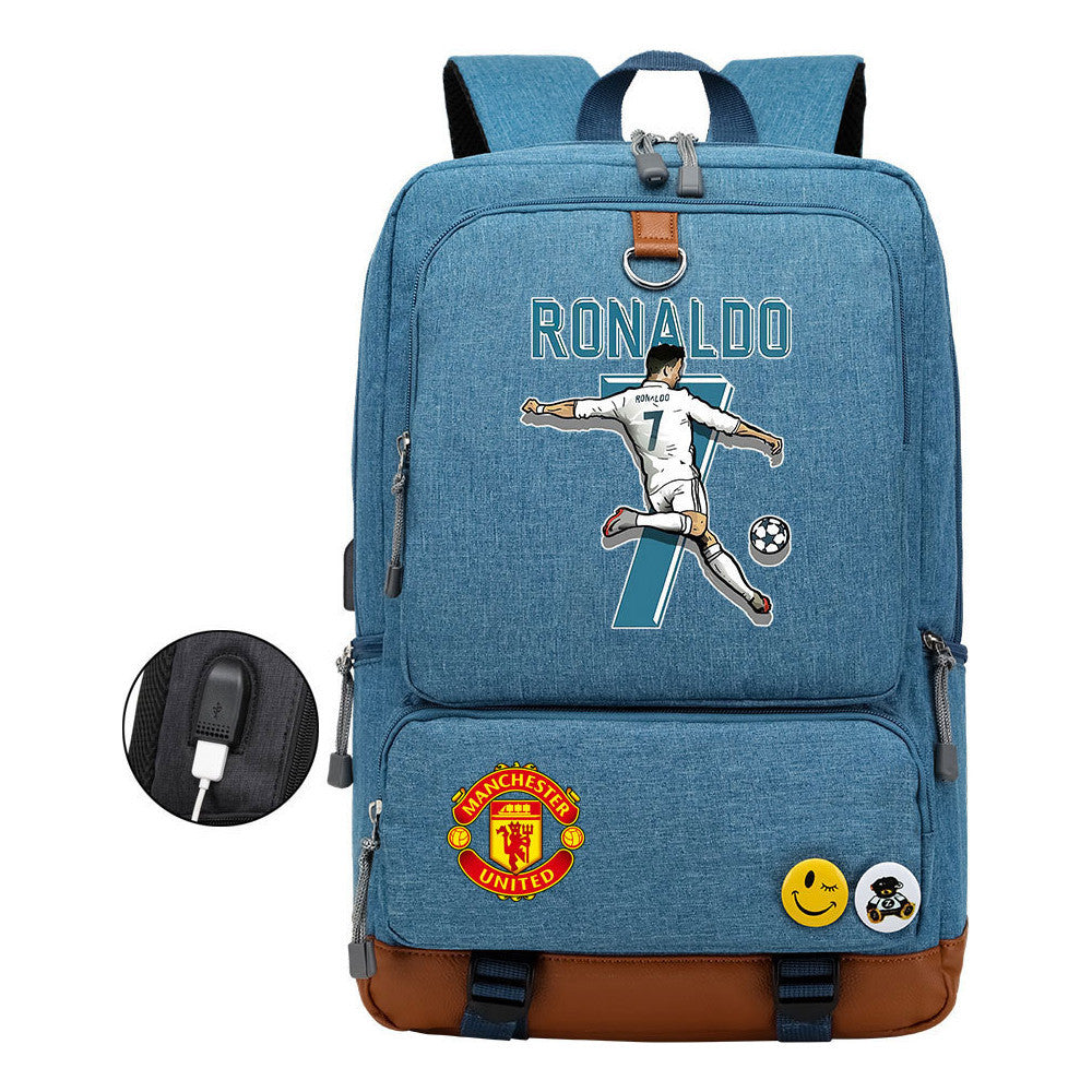 Football Star Cristiano Ronaldo Printed Usb Student Backpack For Leisure Travel Backpack