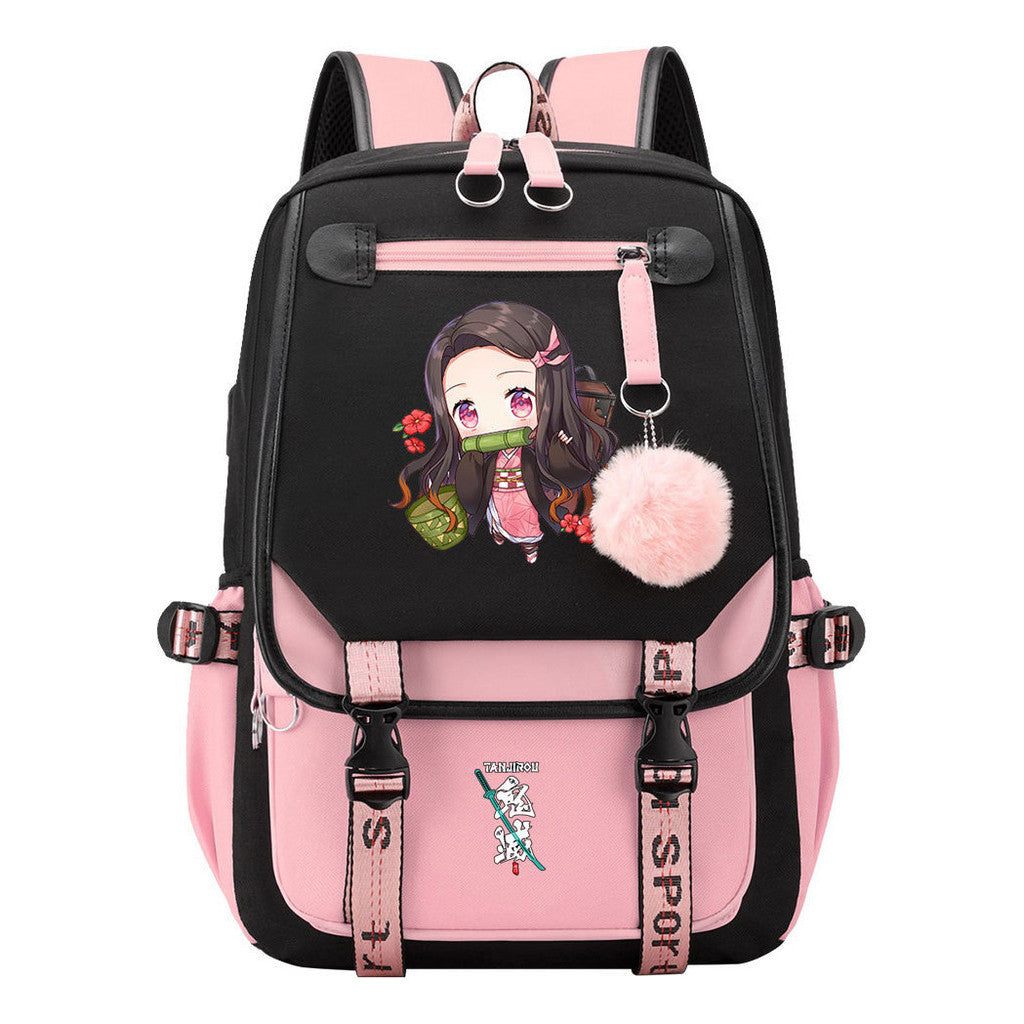 Cartoon Fashion Usb Youth Student Backpack Boy's And Girl's Leisure Ribbon Flip Backpack