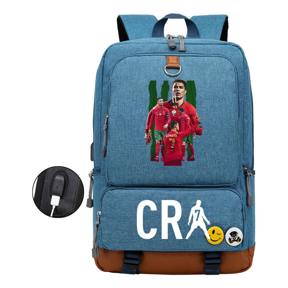 Football Star Cristiano Ronaldo Printed Usb Youth Primary And Secondary School Backpack For Boy And Girl's Leisure Travel Backpack