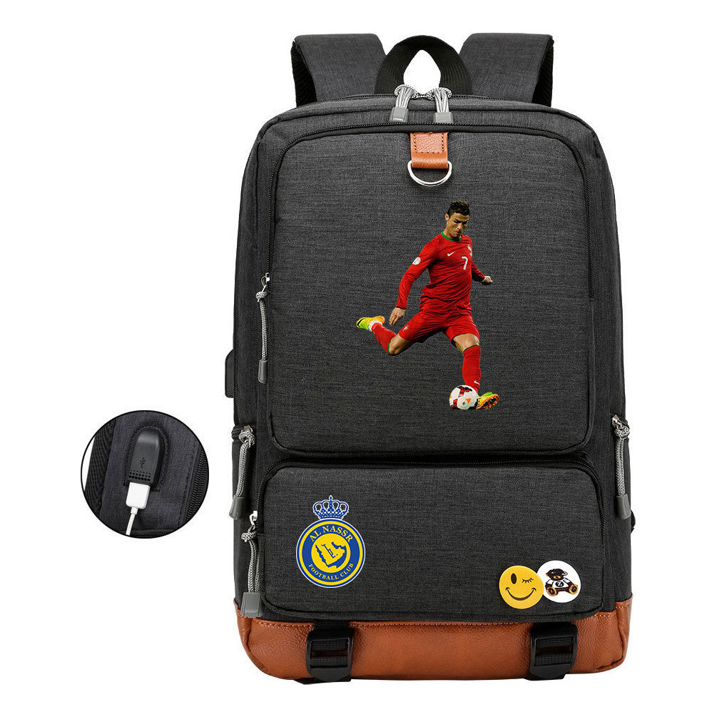 Football Star Cristiano Ronaldo Printed Usb Youth Student Backpack For Leisure Travel Backpack