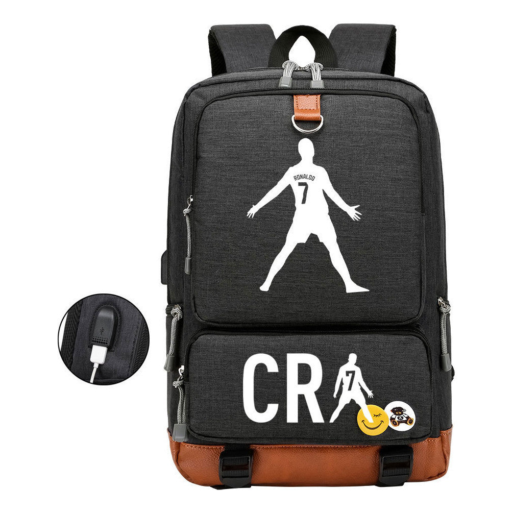 Football Star Cristiano Ronaldo Printed Usb Youth Student Backpack For Leisure Travel Backpack