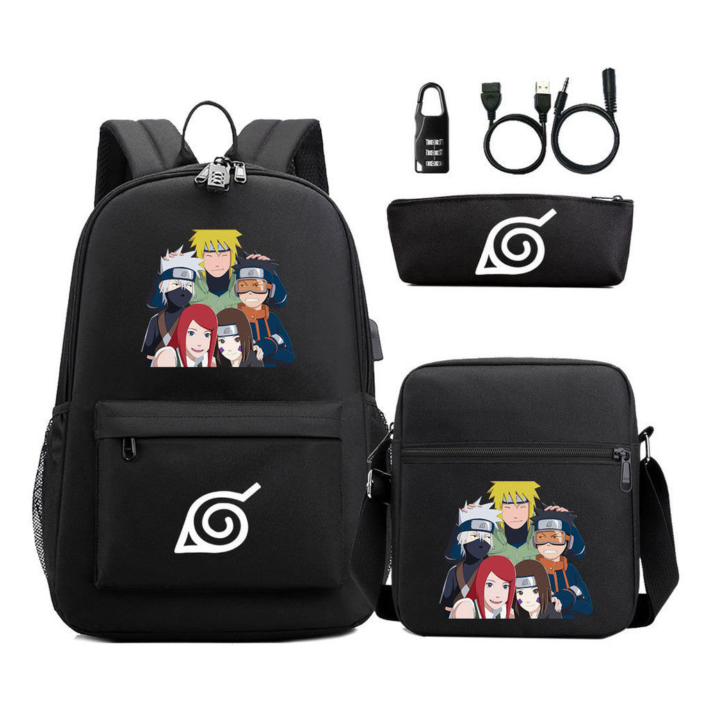 Naruto Usb Password Lock Youth Student Backpack Three Piece Set For Men And Women Backpack Set