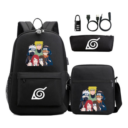 Naruto Usb Password Lock Youth Student Backpack Three Piece Set For Men And Women Backpack Set