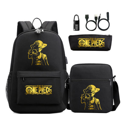 Golden Pirate King Usb Password Lock Youth Student Backpack Set Of Three Pieces, Men's And Women's Backpack Set
