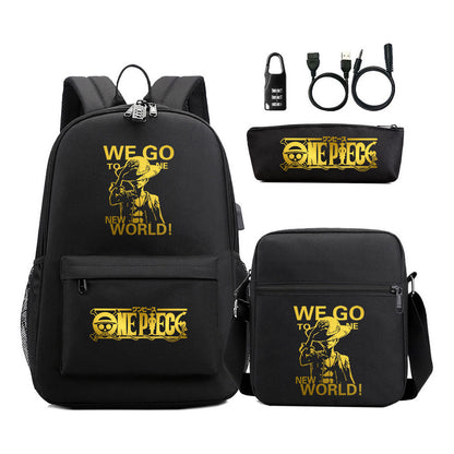 Golden Pirate King Usb Password Lock Youth Student Backpack Set Of Three Pieces, Men's And Women's Backpack Set