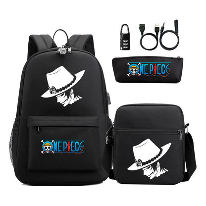 Cartoon Pirate King Usb Password Lock Youth Student School Bag Three Piece Set For Boys And Girls Backpack Set