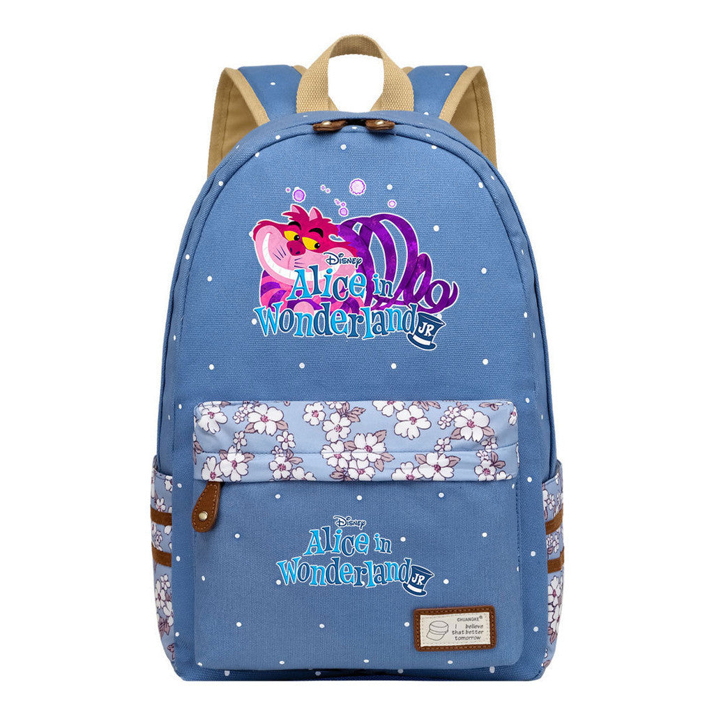 Anime Cartoon Cheshire Cat Print Youth Student Backpack With Floral Casual Backpack