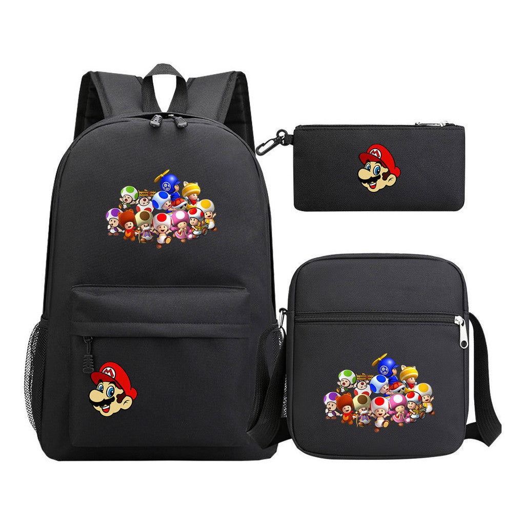Super Mario Printed Student Backpack Three Piece Set For Men And Women's Backpack Set