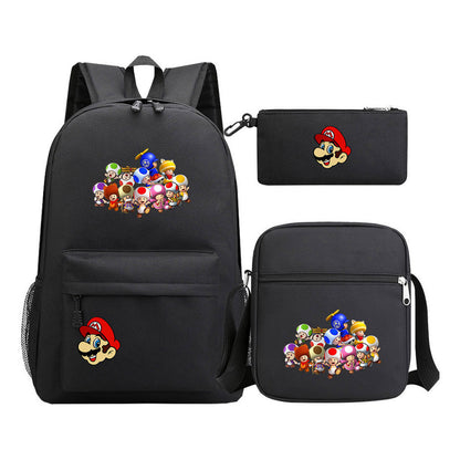 Super Mario Printed Student Backpack Three Piece Set For Men And Women's Backpack Set