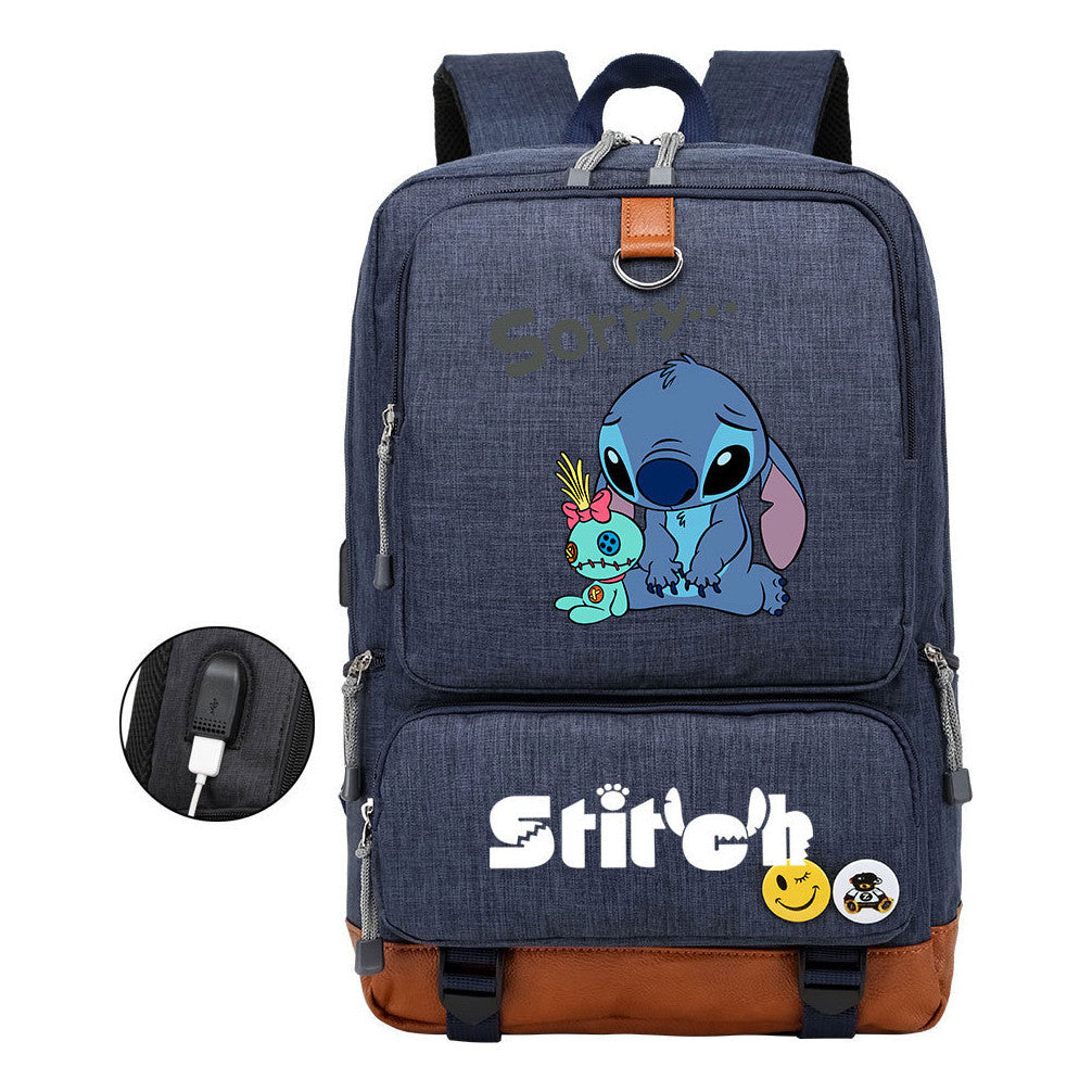 Anime Star Baby Stitch Printed Usb Youth Student Backpack For Men And Women's Leisure Travel Backpack