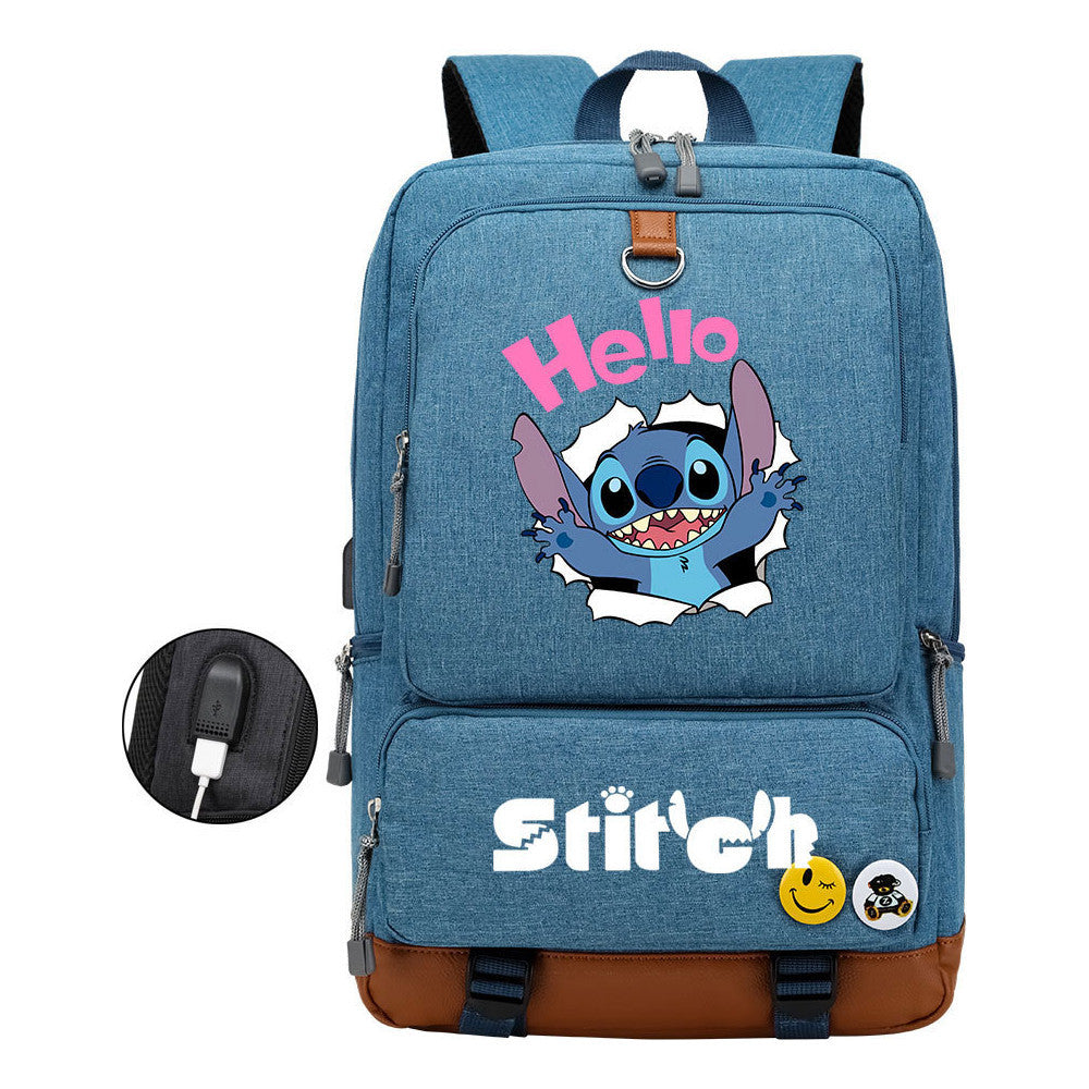 Anime Star Baby Stitch Printed Usb Youth Student Backpack For Men And Women's Leisure Travel Backpack