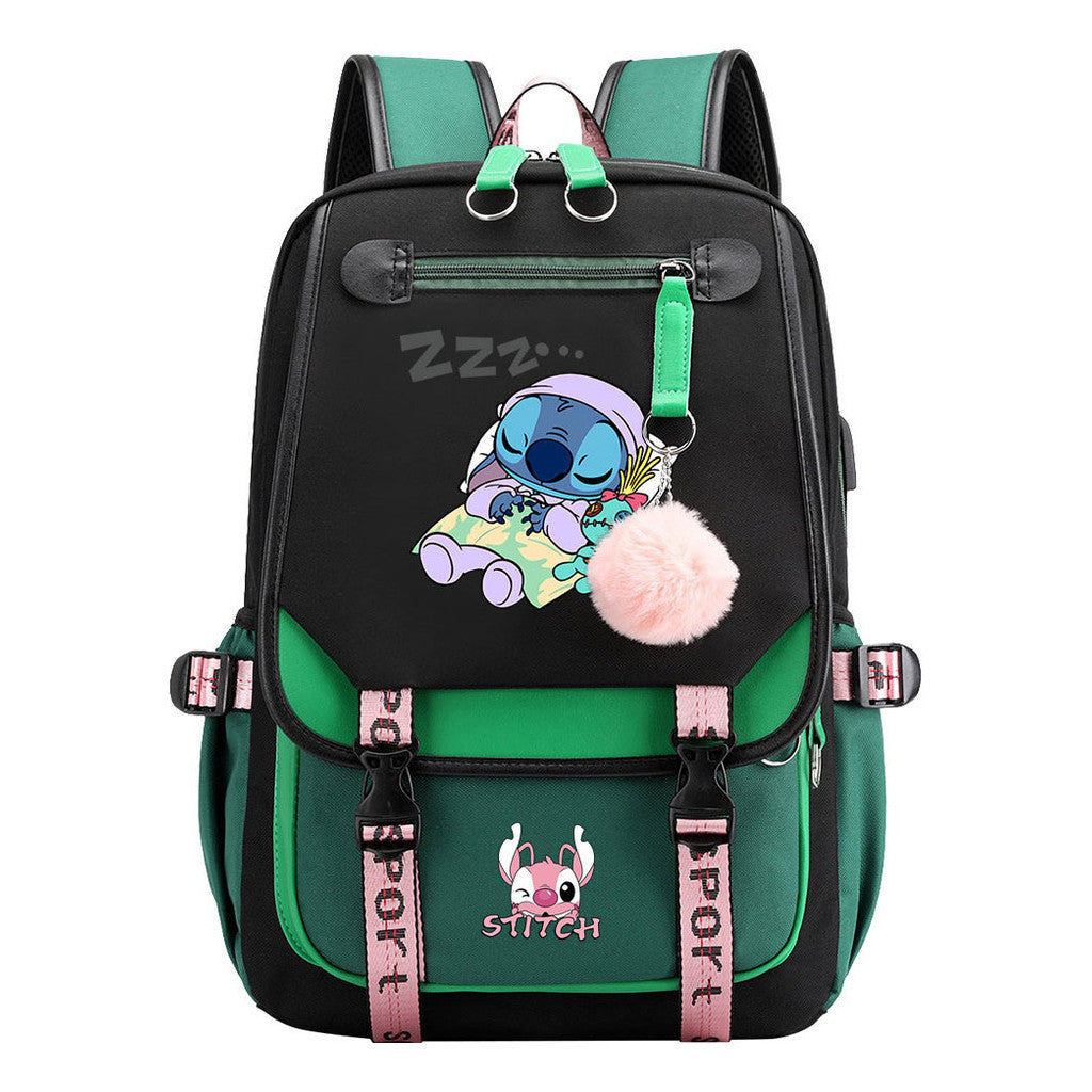 Interstellar Baby Stitch Usb Backpack For Men And Women, Casual Woven Strap Flip Back Backpack
