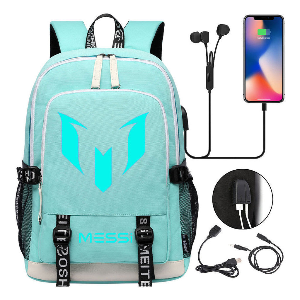 Blue Luminous Sports Football Star Teenagers Schoolbag Usb Leisure Backpack Men And Women