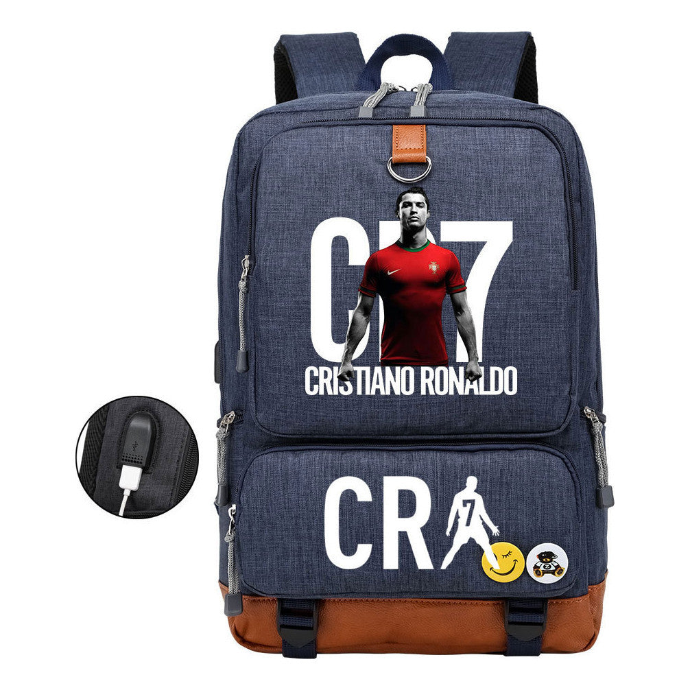 Football Star Cristiano Ronaldo Printed Usb Youth Primary And Secondary School Backpack For Boys And Girls Leisure Travel Backpack
