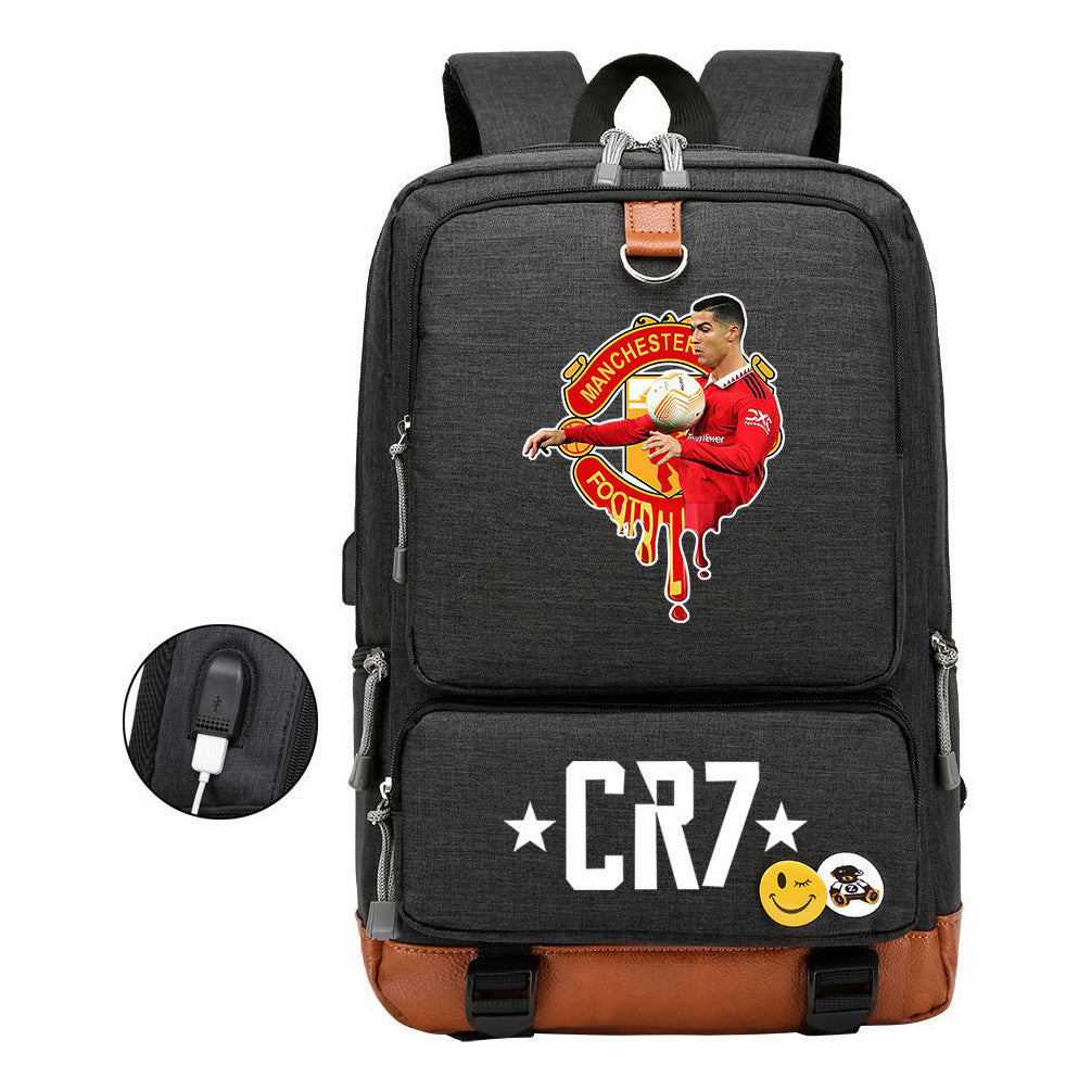 Football Star Cristiano Ronaldo Printed Usb Youth Primary And Secondary School Backpack For Boys And Girls Leisure Travel Backpack