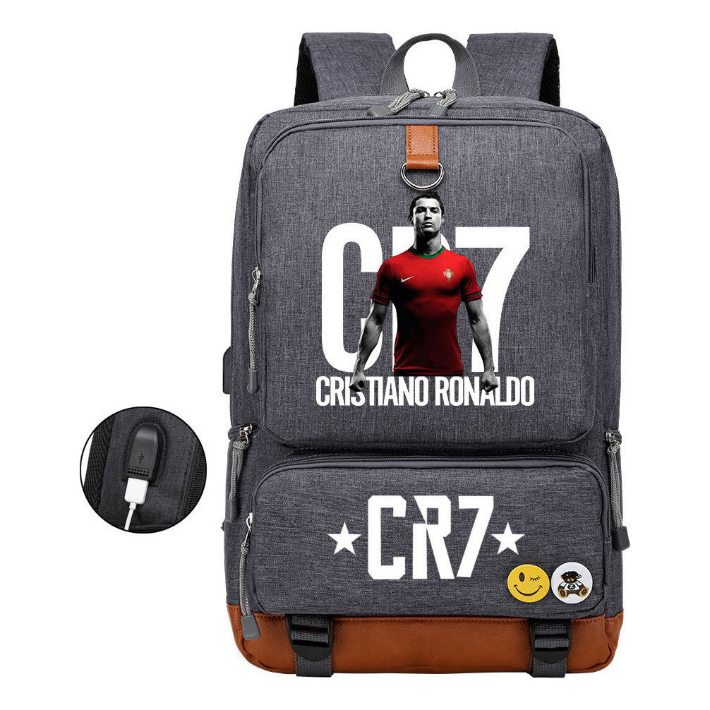 Football Star Cristiano Ronaldo Printed Usb Student Backpack For Leisure Travel Backpack