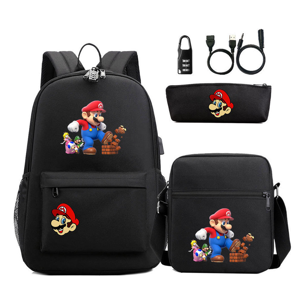 Super Mario Usb Password Lock Youth Student Backpack 3-piece Set For Men And Women Backpacks
