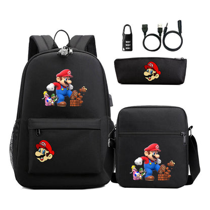 Super Mario Usb Password Lock Youth Student Backpack 3-piece Set For Men And Women Backpacks