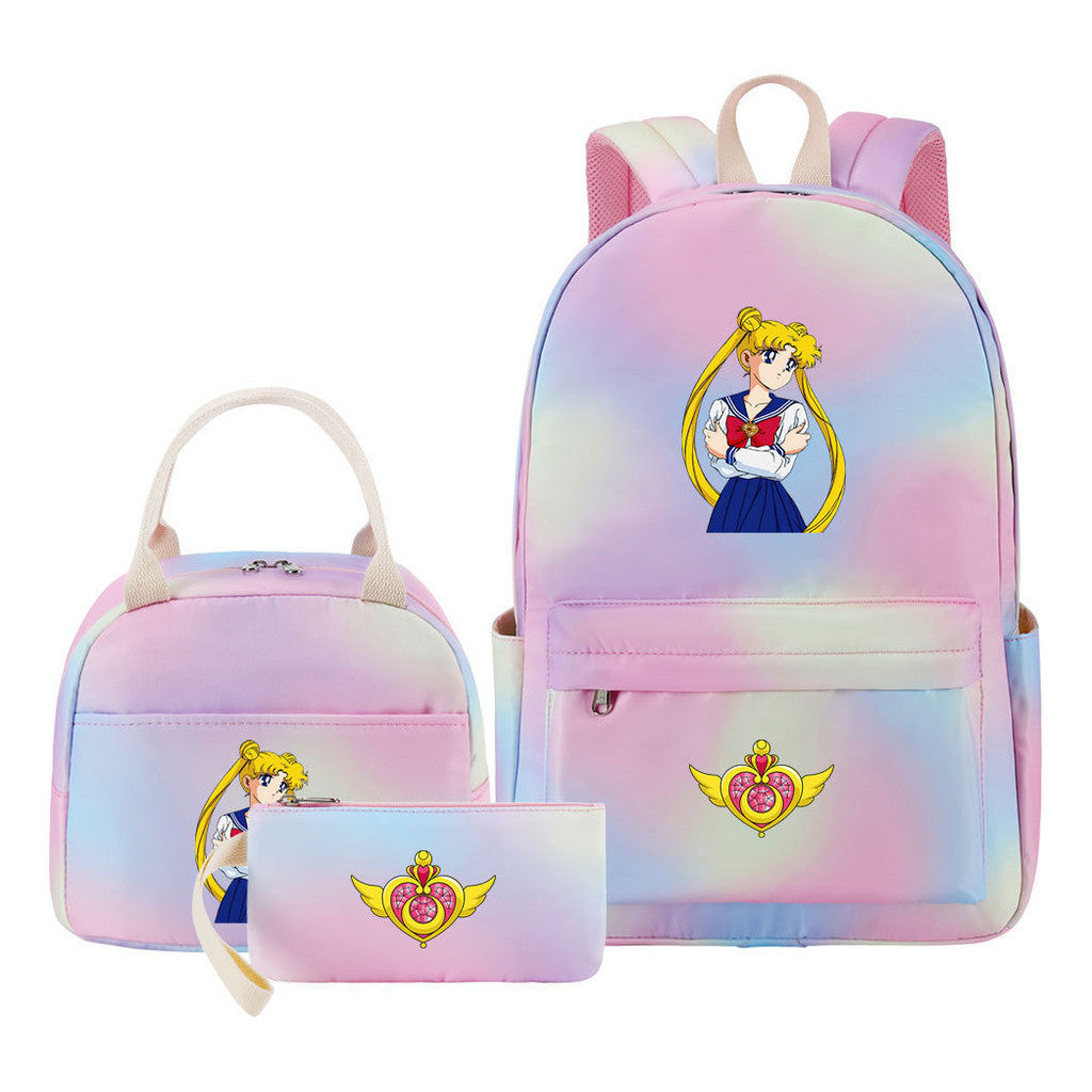 Anime Beauty Girl Warrior Girls School Bag Lunch Bag Three Piece Set Backpack Set