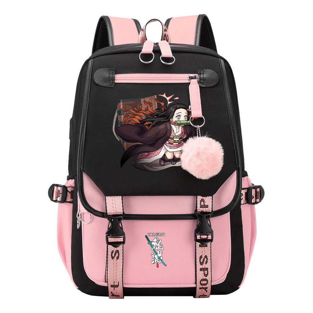 Cartoon Fashion Usb Youth School Bag For Boys And Girls Casual Ribbon Flip Backpack