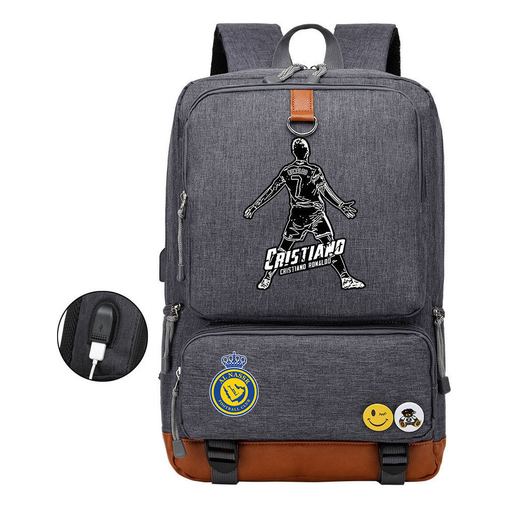 Football Star Cristiano Ronaldo Printed Usb Youth Student Backpack For Leisure Travel Backpack