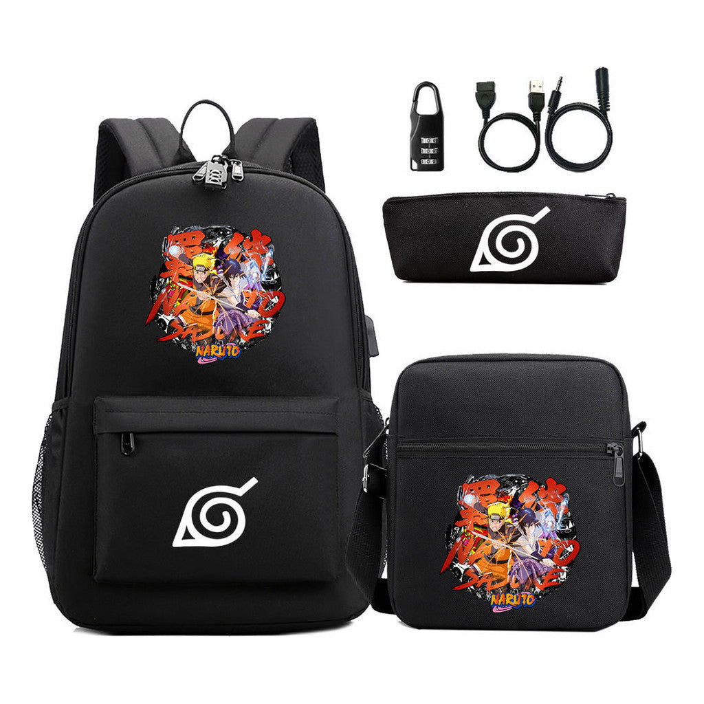 Naruto Usb Password Lock Youth Student Backpack Three Piece Set For Men And Women Backpack Set