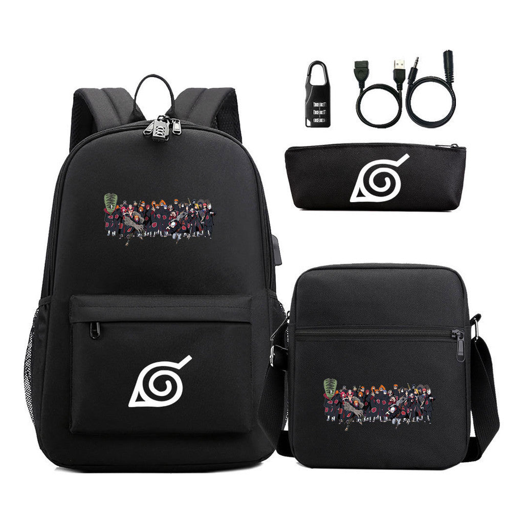Naruto Usb Password Lock Youth Student Backpack Three Piece Set For Men And Women Backpack Set