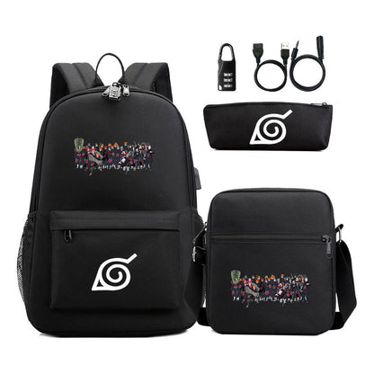 Naruto Usb Password Lock Youth Student Backpack Three Piece Set For Men And Women Backpack Set