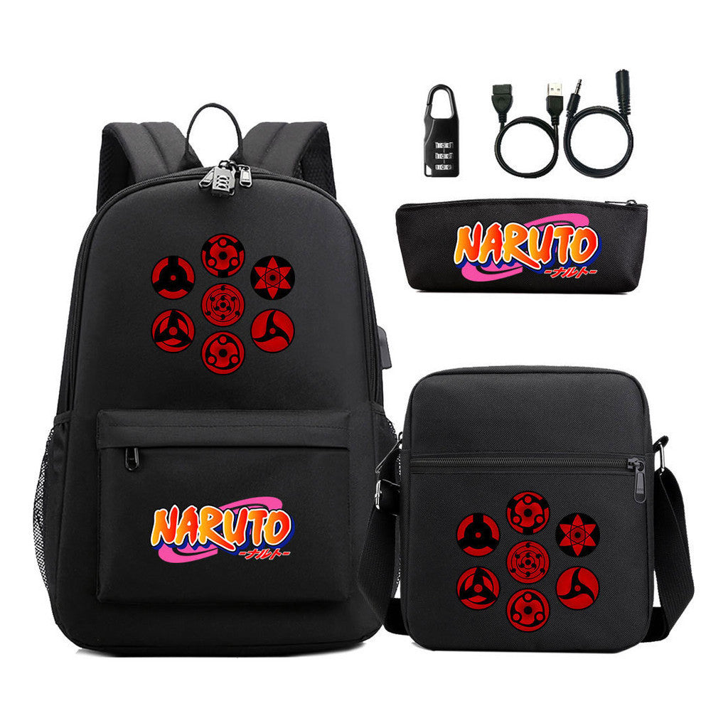 Naruto Usb Password Lock Youth Student Backpack Three Piece Set For Men And Women Backpacks