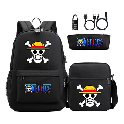 Cartoon Pirate King Usb Password Lock Youth Student Backpack Three Piece Set Backpack
