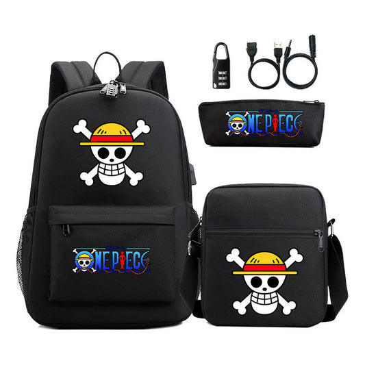 Cartoon Pirate King Usb Password Lock Youth Student Backpack Three Piece Set Backpack