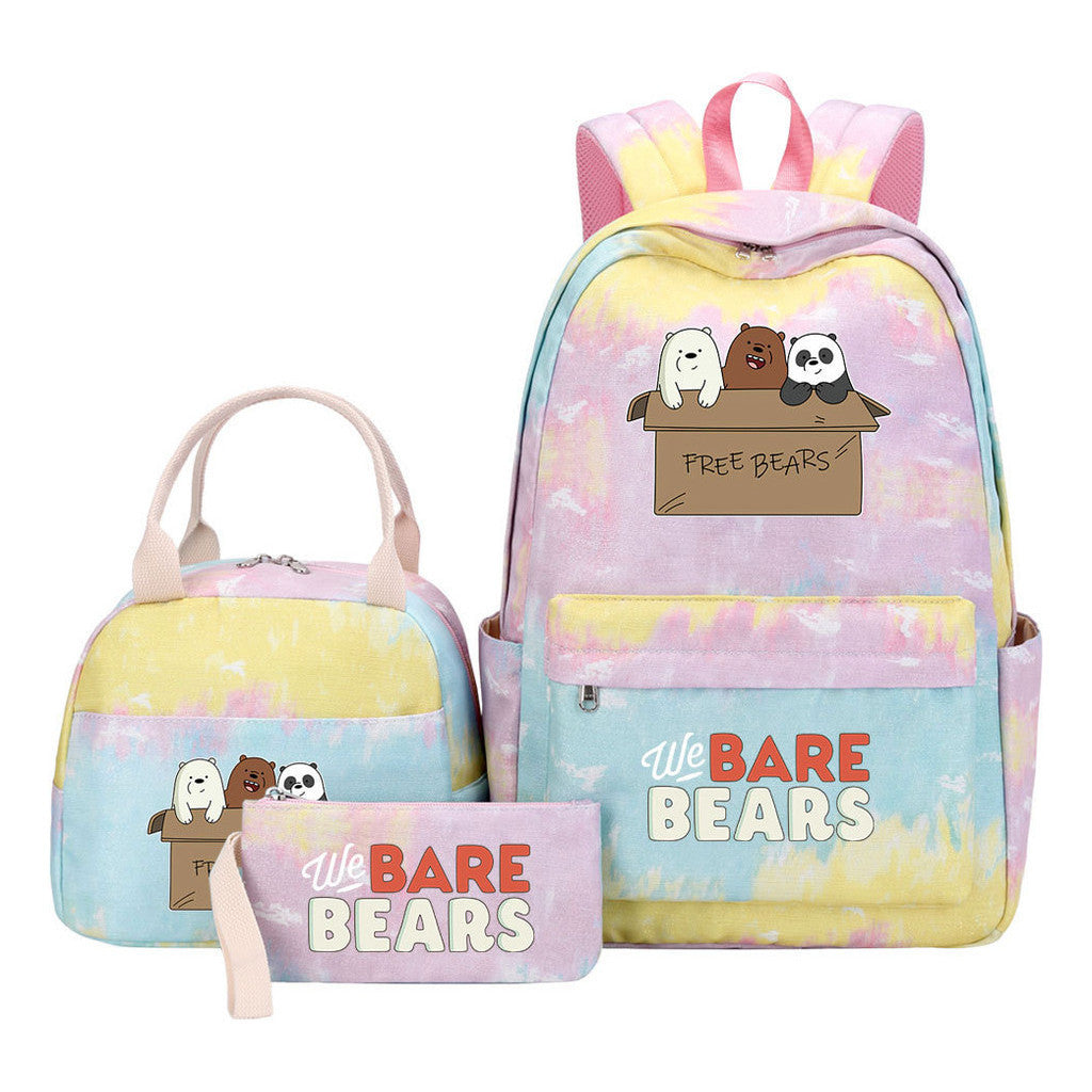 Cartoon Cute Three Bears Youth Student Girls School Bag Lunch Bag Three Piece Set Backpack Set