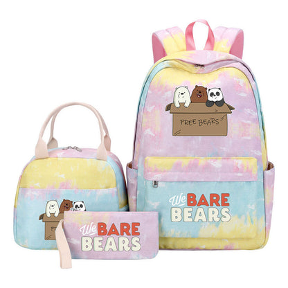 Cartoon Cute Three Bears Youth Student Girls School Bag Lunch Bag Three Piece Set Backpack Set