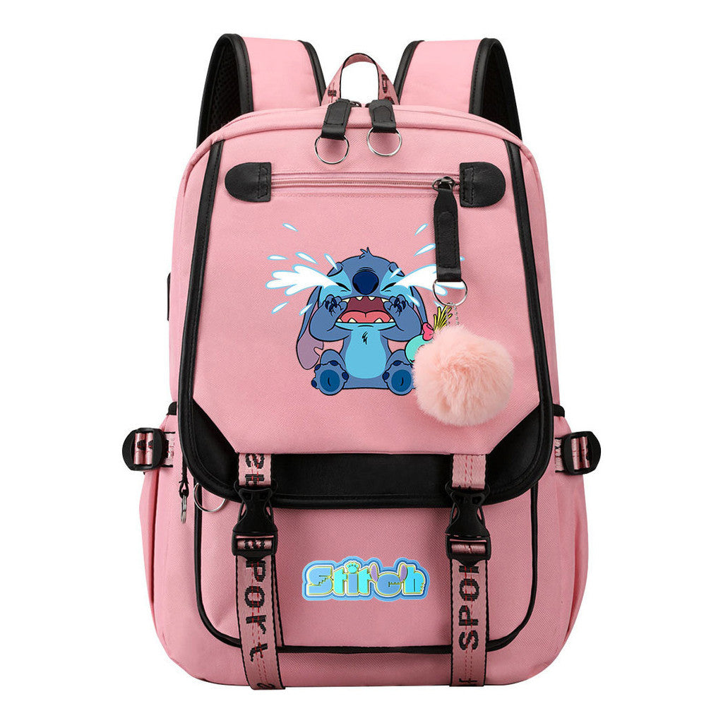 Interstellar Baby Stitch Usb Student Backpack With Casual Woven Strap Flap Backpack